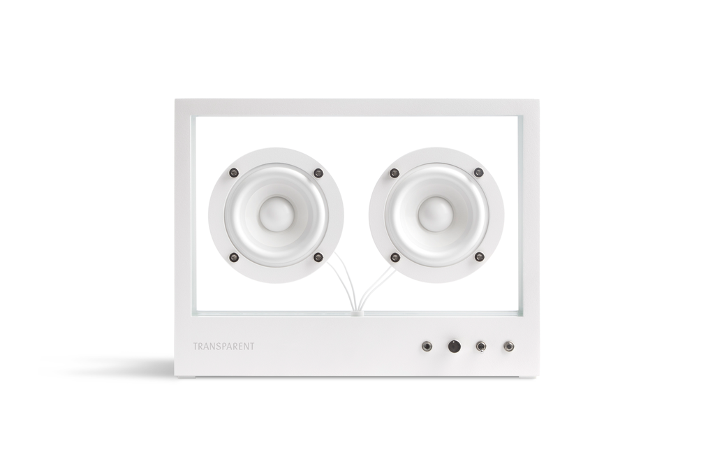 Small Transparent Speaker Wit – Aluminium & Gehard Glas (STS‑W)